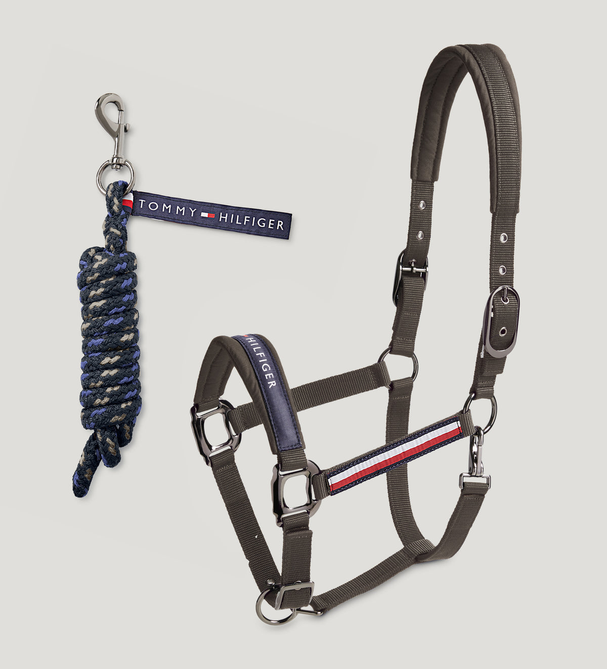 Tommy Hilfiger horse halter and matching lead rope set. The halter is Ash grey with signature branding.